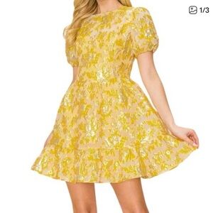 Jaquard puff sleeve mini dress yellow size M